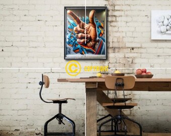 May include: A framed artwork featuring a hand gesture with graffiti-style art in blue, orange, and white. The image is displayed on a white brick wall. Two industrial-style chairs with wooden seats and backs are also visible.
