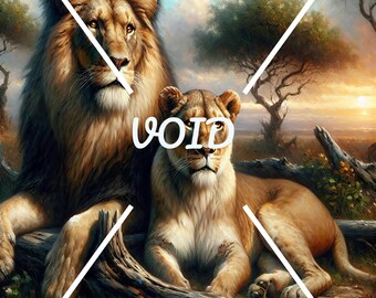 May include: A majestic lion and lioness resting on a fallen log in a savanna setting. The lion has a thick mane and the lioness has a golden coat. The background features lush green vegetation and a hazy sky.