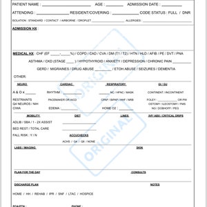 Op de afbeelding: Een medisch formulier met kopjes voor patiëntinformatie, medische geschiedenis en zorgplan. Het formulier bevat secties voor patiëntnaam, leeftijd, opnamedatum, behandelend arts, verantwoordelijke arts-assistent, codestatus, allergieën, opnamegeschiedenis, medische geschiedenis, neurologie, cardiologie, ademhaling, maag-darmkanaal, mobiliteit, dieet, bloedsuikercontroles, laboratoriumonderzoek/beeldvorming, dagplan, ontslagplan en notities.