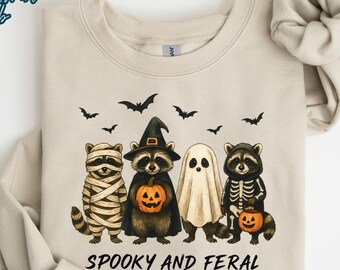Spooky and Feral Raccoon Sweatshirt, Funny Halloween Raccoon Shirt, Womens Halloween Sweatshirt, Vintage Fall Sweatshirt, Halloween Gift