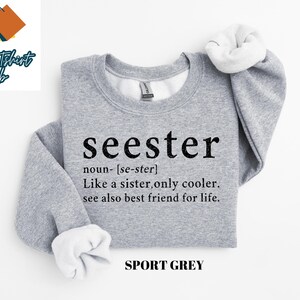 May include: A gray sweatshirt with the text "seester" defined as "Like a sister, only cooler. See also best friend for life." in black text. The sweatshirt is labeled "SPORT GREY".