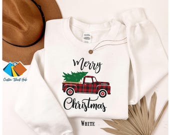 Retro Christmas Red Truck Sweatshirt, Christmas Tree Shirt, Family Buffalo Plaid Sweatshirt, Cozy Festive Xmas Shirt, Merry Christmas Gift