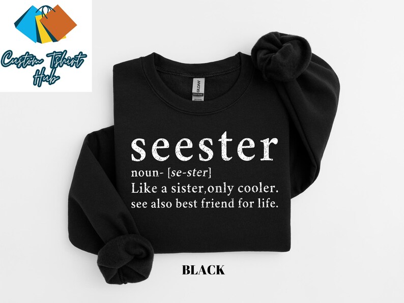 May include: Black sweatshirt with the text "seester" defined as "Like a sister, only cooler. See also best friend for life."