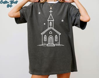 Church Drawing Comfort Colors®Tee Shirt, Christian Faith Shirt, Inspirational Religious Shirt, Church Group Tee Shirt, Cool Church Xmas Gift