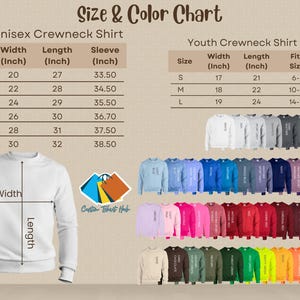 the size and color chart of a crew neck sweatshirt