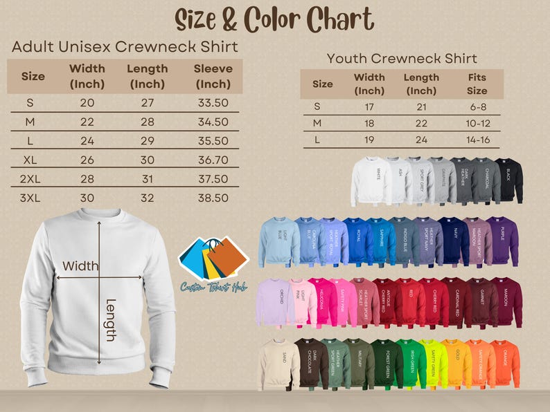 the size and color chart of a crew neck sweatshirt