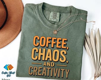 Comfort Colors®Coffee and Chaos Shirt, Mothers Day Gift, Funny Coffee Mom Tee Shirt, Caffeine Lover Gift, Cute Coffee Addict Mom Life Shirts