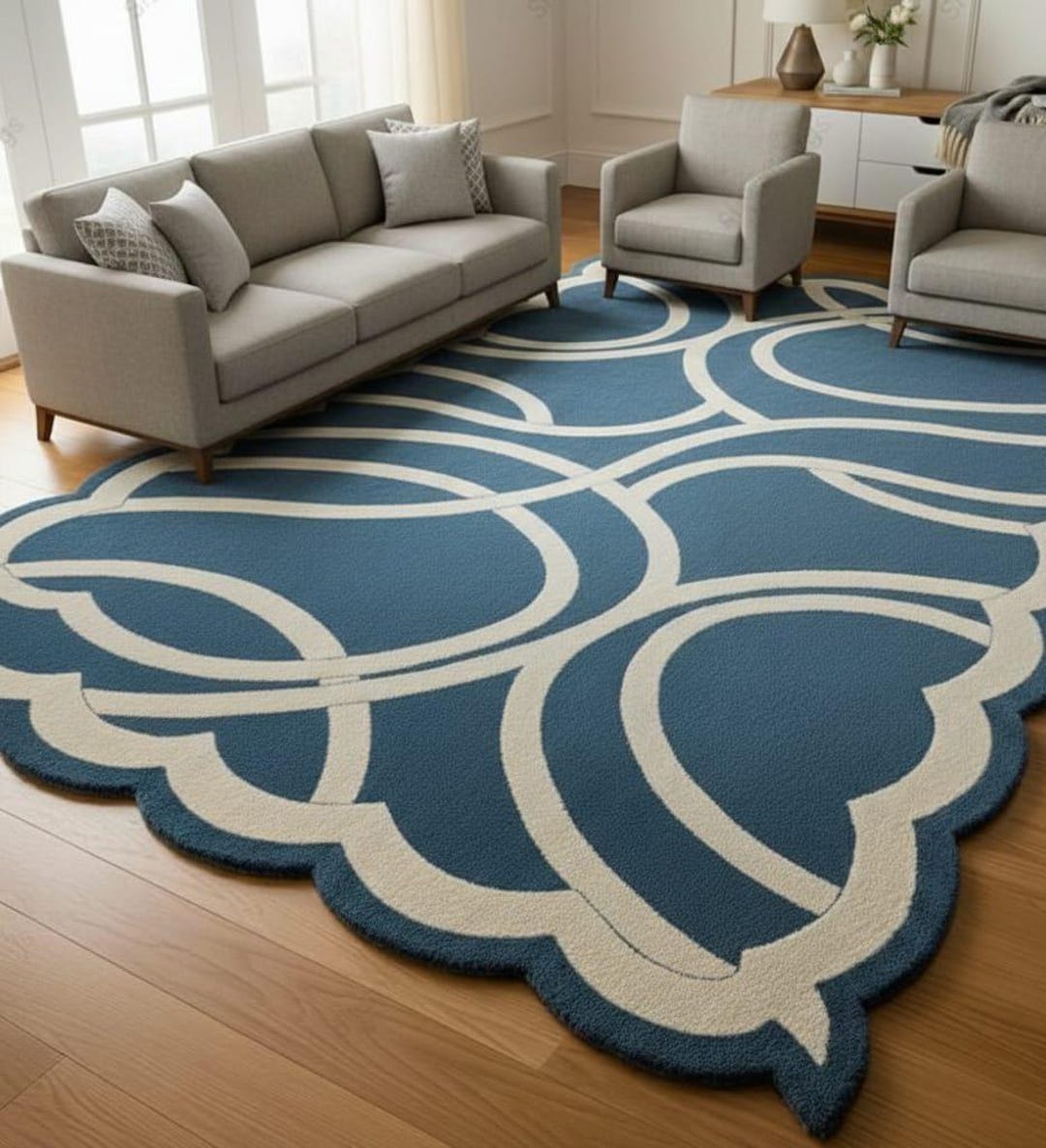 Hand Tufted Navy Blue Rug, Modern Abstract Wavy Pattern, Boho Carpet ...