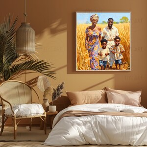 May include: A painting depicting a family in a field of wheat. The family consists of a woman wearing a colourful dress, a man in a white shirt, and two young boys. The woman is holding the hand of one of the boys, and the man is holding the hand of the other boy. The family are smiling and appear happy.