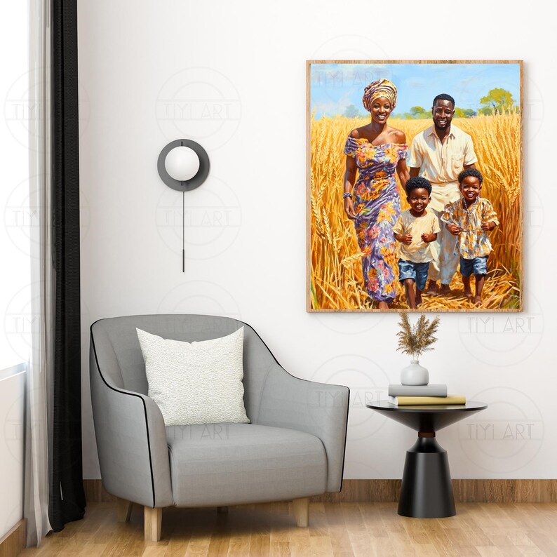May include: A painting depicting a family of four standing in a field of tall grass. The family are dressed in colourful clothing and smiling. The father is wearing a white shirt and a blue hat. The mother is wearing a colourful dress. The two children are wearing matching outfits. The painting is set against a blue sky with white clouds.