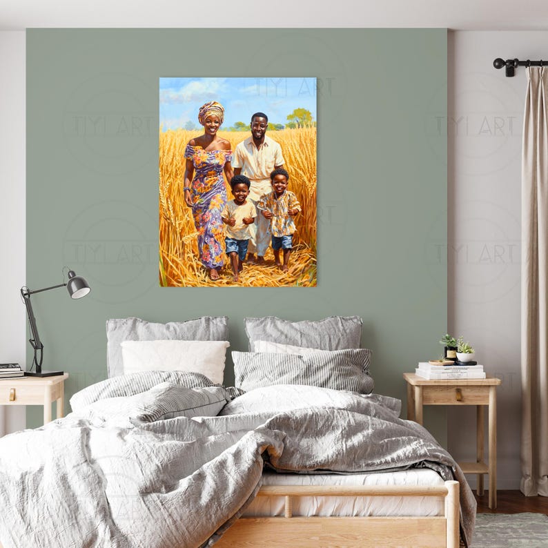 May include: A painting depicting a family of four standing in a field of tall grass. The family are dressed in colourful clothing and smiling. The father is wearing a blue shirt and the mother is wearing a purple and green dress. The two children are wearing yellow and blue shirts. The painting is executed in a realistic style.