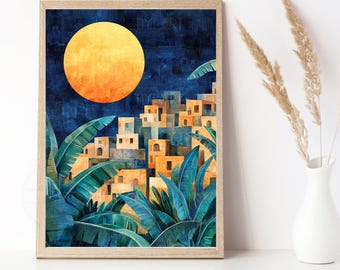 Orange Full Moon Digital Print - African Modern Art - Tropical Landscape Decor - Night Sky Poster - African Village Art - Minimalist Decor