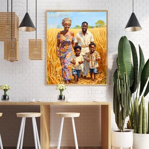 May include: A painting depicting a family of four standing in a field of tall grass. The family consists of a woman wearing a colourful dress, a man in a white shirt, and two young boys. The woman is holding the hand of one of the boys, and the man is holding the hand of the other boy. The family are smiling and looking at the camera.