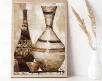 Beige and Brown Vintage African Art - Antique Wall Art - Minimalist Art - Digital download - Kitchen Wall Art - Oil Painting Style Print