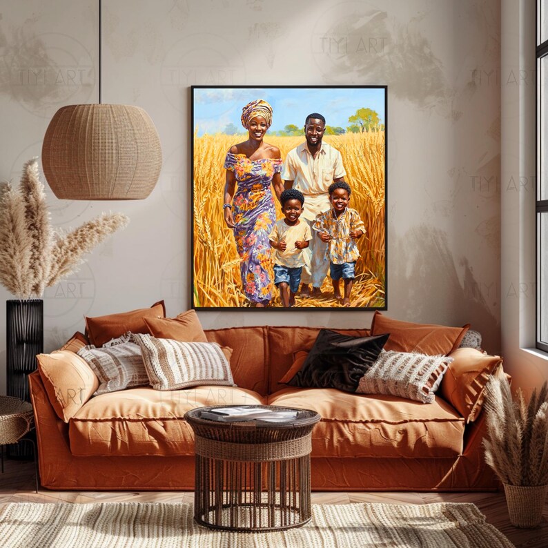 May include: A painting depicting a family of four standing in a field of tall grass. The family are dressed in colourful clothing and smiling. The father is wearing a blue shirt and the mother is wearing a purple dress. The two children are wearing red and blue shirts. The painting is executed in a realistic style.