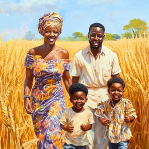 May include: A family of four, a woman in a colourful dress and headwrap, a man in a white shirt, and two children, stand in a field of golden wheat. The woman is smiling and holding the hand of one of the children. The man is smiling and holding the hand of the other child. The children are smiling and looking at the camera.
