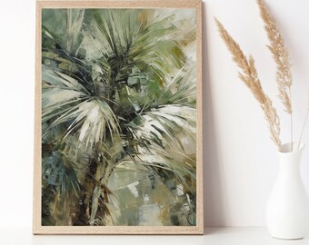 May include: A framed painting of a palm tree with green and white leaves. The painting is in a light wood frame and has a textured, brushstroke style.