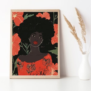 Black Girl with Afro Hair & Flowers - Floral Art - Botanical Print -  Black Woman Art - Black Bohemian Art - Digital Printable Art