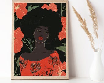 Black Girl with Afro Hair & Flowers - Floral Art - Botanical Print -  Black Woman Art - Black Bohemian Art - Digital Printable Art