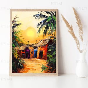 Amanecer en un pueblo africano - Arte africano - Hogar tradicional africano - Decoración étnica - Paisaje rural - Arte imprimible - Decoración africana para el hogar