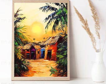 African Village Sunrise Art Print: Ethnic Home Decor (Digital Download)