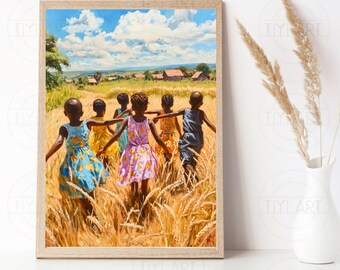 African Kids Playing in Wheat fields - African Countryside landscape - African Contemporary Art - African Home Decor - Rural Painting Prints