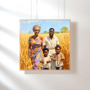 May include: A painting depicting a family of four standing in a field of wheat. The parents are holding hands with their two young sons. The woman is wearing a colourful dress and a head wrap. The man is wearing a white shirt. The boys are wearing casual clothing. The painting is executed in a realistic style.