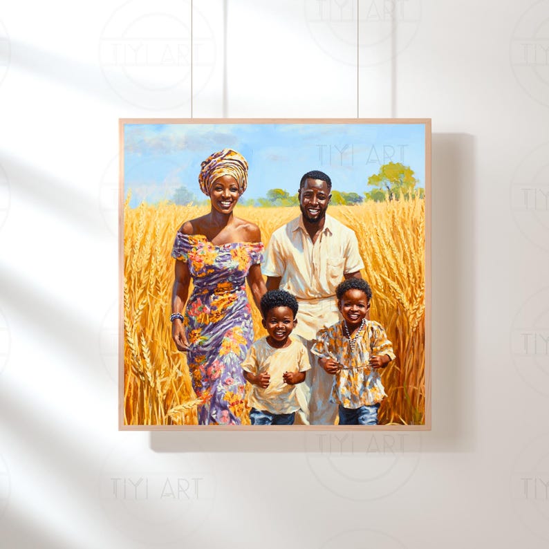 May include: A painting depicting a family of four standing in a field of wheat. The parents are holding hands with their two young sons. The woman is wearing a colourful dress and a head wrap. The man is wearing a white shirt. The boys are wearing casual clothing. The painting is executed in a realistic style.