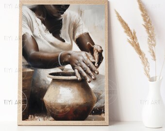 African Woman Pottery Art Print: Beige Brown Abstract Wall Decor (Digital Download)