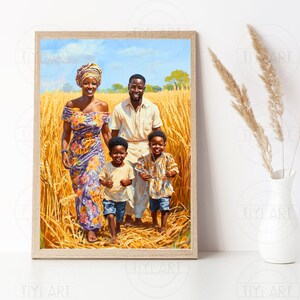 May include: A painting depicting a family of four standing in a field of wheat. The family consists of a woman wearing a colourful dress, a man in a white shirt, and two young boys. The woman is holding the hand of one of the boys, and the man is holding the hand of the other boy. The family are smiling and looking at the camera.