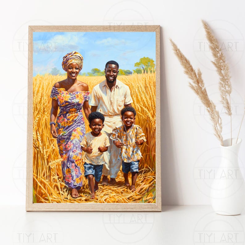 May include: A painting depicting a family of four standing in a field of wheat. The family consists of a woman wearing a colourful dress, a man in a white shirt, and two young boys. The woman is holding the hand of one of the boys, and the man is holding the hand of the other boy. The family are smiling and looking at the camera.