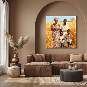 May include: A painting depicting a family of four standing in a field of wheat. The parents are dressed in colourful clothing, and the two children are wearing white shirts and shorts. The painting is executed in a realistic style and conveys a warm, welcoming atmosphere.