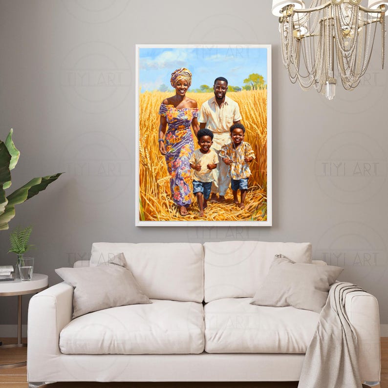 May include: A painting depicting a family of four walking through a field of tall, golden wheat. The family is dressed in colourful clothing. The mother is wearing a purple and white dress, the father is wearing a blue shirt and khaki trousers, and the two children are wearing blue shirts and khaki shorts. The painting is executed in a realistic style and captures the joy and love of family.