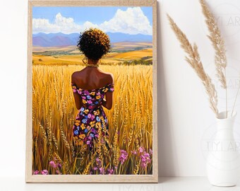 Black Woman Art Print: African Landscape Oil Painting (Digital Download)