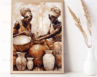 African Sisters Pottery Market Art Print: Ethnic Wall Decor (Digital Download)