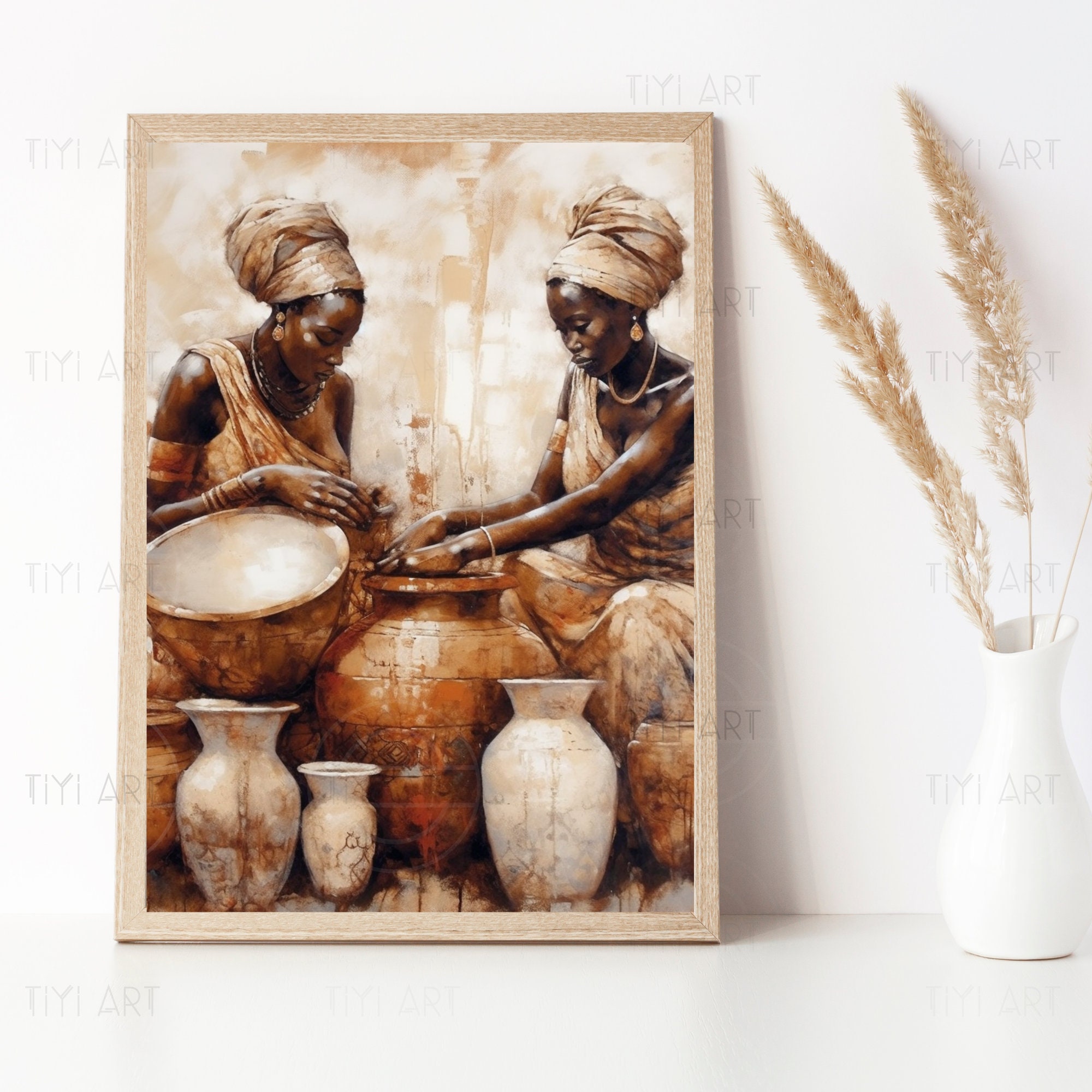 African Village Women at the market selling pottery - African Oil Painting - Vintage African Art - Ethnic Wall Art - Black Woman Digital Art