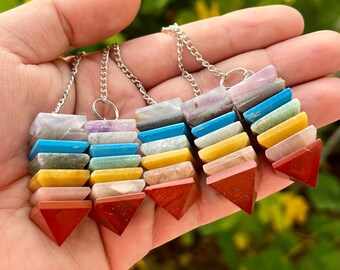 5 Pieces ! Chakra Pyramid Pendulum with Chain – Crystal Healing Tool for Energy Balance, Divination