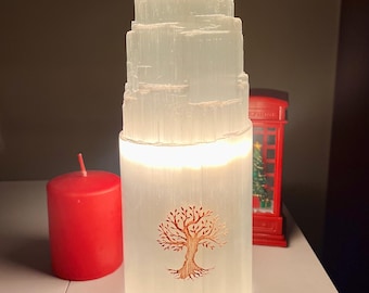 Lampa selenitowa, kryształowa wieża świetlna, oświetlenie nastrojowe, prezent, wystrój domu