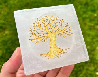 Selenit-Aufbewahrungsbox mit graviertem Lebensbaum-Motiv für Kristallringe und Kerzen – Spirituelle Dekoration