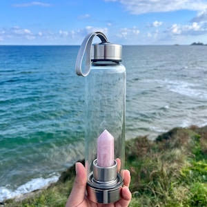 Rose Quartz Crystal Water Bottle - Glass Bottle with Healing Stone for Love & Positive Energy