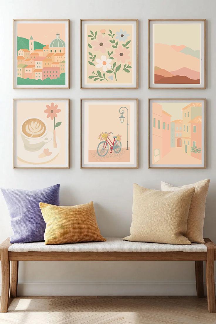 Pastel Gallery Wall Art Set – 6 Print Collection | Scandinavian & Hygge Style | Botanical, Coffee, Travel | Digital Download Decor