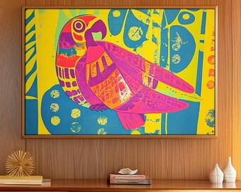Vibrant Colorful Parrot Painting - Unframed Art Print Abstract Retro Boho Jungle Maximalist Decor Tropical Bathroom Kitchen