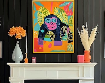 Colorful Safari Decor - Unframed Wall Art Print - Vibrant Bohemian Whimsical Boho Poster Children Bedroom - Vibrant Orange Ape Pink Gorilla