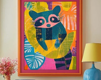 Vibrant Colorful Raccoon Decoration - Unframed Wall Art Print - Bold Colors Bohemian Woodland Animals Boho Poster Children Bedroom