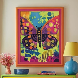 Colorful Abstract Butterfly Painting - Unframed Art Print Retro Mid Century Modern Maximalist Decor Wall Poster Mantle Kids Room Decoration