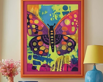 Colorful Abstract Butterfly Painting - Unframed Art Print Retro Mid Century Modern Maximalist Decor Wall Poster Mantle Kids Room Decoration