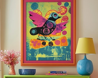 Retro Mid Century Modern Unframed Art Print - Maximalist Dopamine Decor Wall Art Poster Mantle Decoration - Colorful Abstract Bird