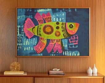 Mid Century Modern MCM Decor - Vibrant Colored Abstract Fish Unframed Art Print Retro Boho Maximalist Decor Wall Poster Kids Room Decoration