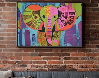 Colorful Elephant Painting - Unframed Art Print Abstract Retro Boho Mid Century Modern Maximalist Decor Wall Poster Kids Room Decoration