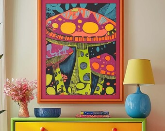Bright Colorful Psychedelic Mushrooms - Unframed Art Print Retro Mid Century Maximalist Boho Jungle Decor Poster Mantle Kids Room Decoration